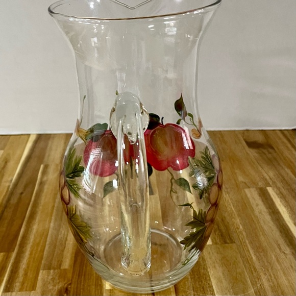Hand Painted Fruit Clear Glass Pitcher Carafe Grapes Apples Elegant Farmhouse - Picture 3 of 12